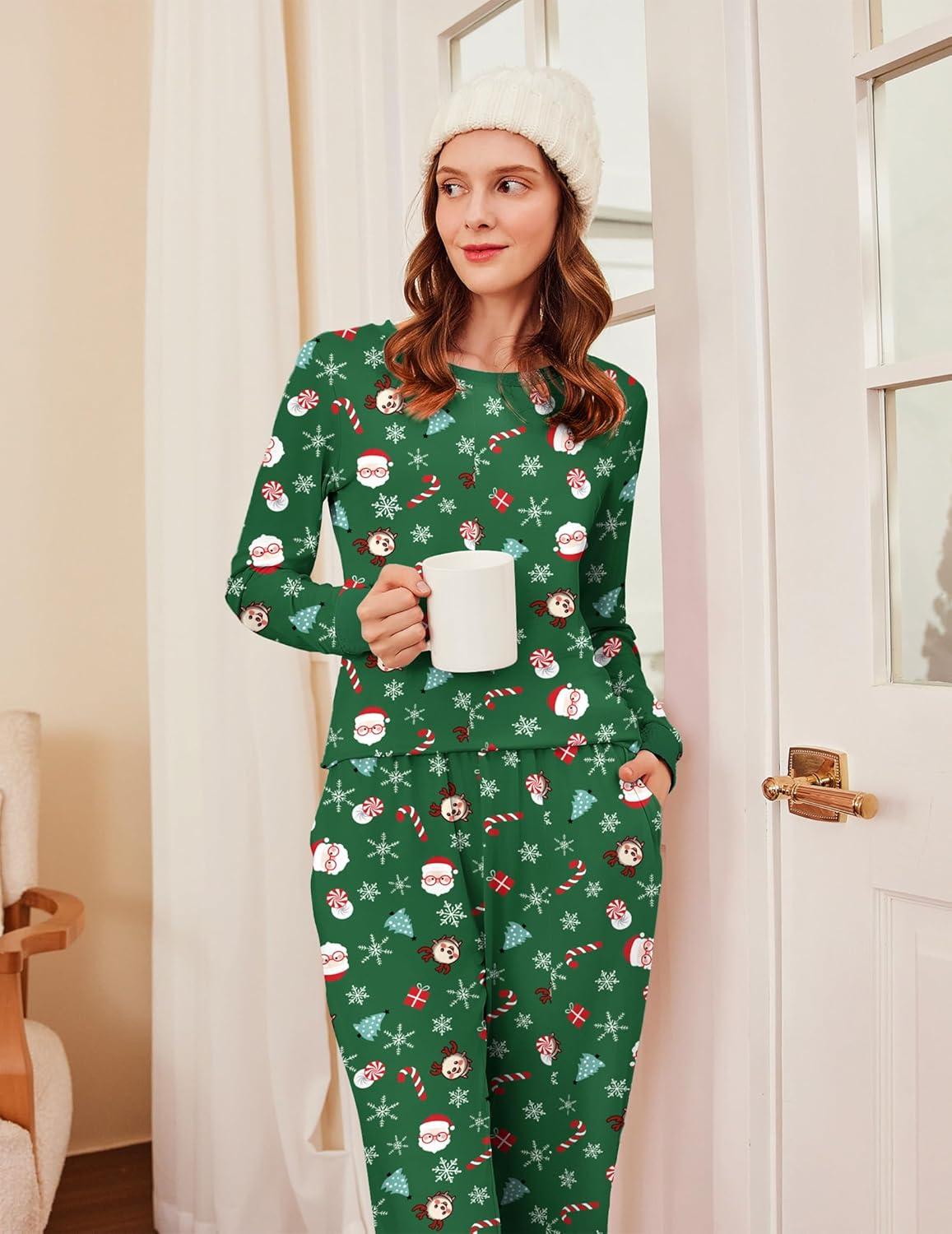 imageEkouaer Womens Pajamas Sets Long Sleeve Tops with Jogger Pants Soft Pjs Lounge Set Outfits with PocketsChristmas Green
