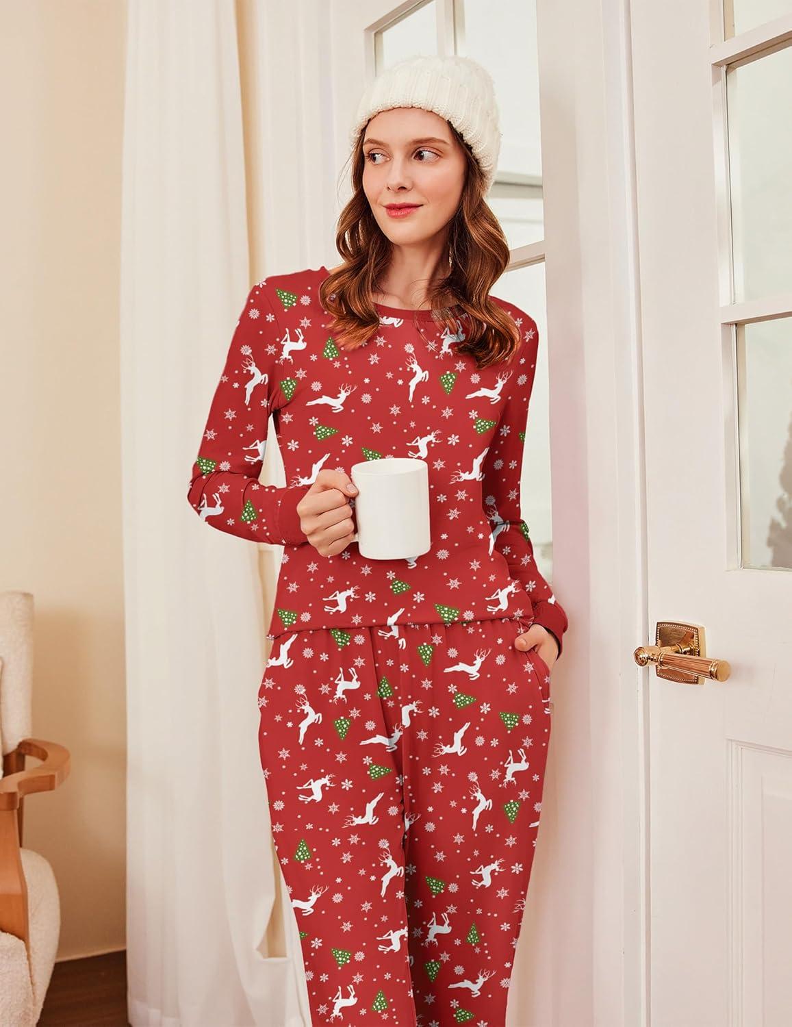 imageEkouaer Womens Pajamas Sets Long Sleeve Tops with Jogger Pants Soft Pjs Lounge Set Outfits with PocketsChristmas Red