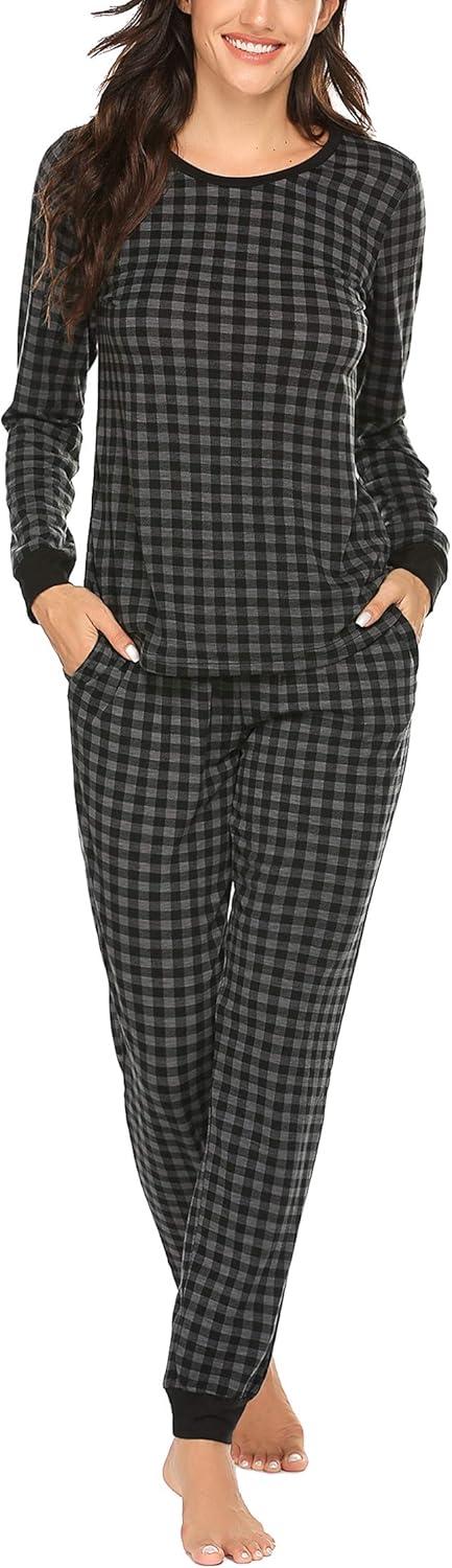 imageEkouaer Womens Pajamas Sets Long Sleeve Tops with Jogger Pants Soft Pjs Lounge Set Outfits with PocketsGrey Plaid