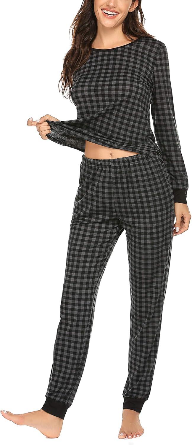 imageEkouaer Womens Pajamas Sets Long Sleeve Tops with Jogger Pants Soft Pjs Lounge Set Outfits with PocketsGrey Plaid