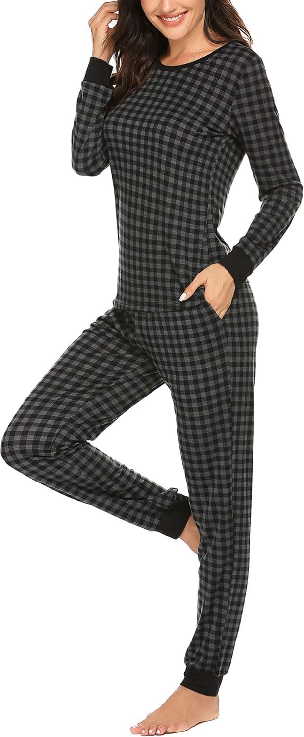 imageEkouaer Womens Pajamas Sets Long Sleeve Tops with Jogger Pants Soft Pjs Lounge Set Outfits with PocketsGrey Plaid