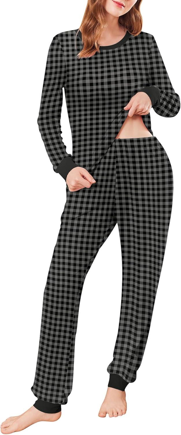 imageEkouaer Womens Pajamas Sets Long Sleeve Tops with Jogger Pants Soft Pjs Lounge Set Outfits with PocketsGrey Plaid