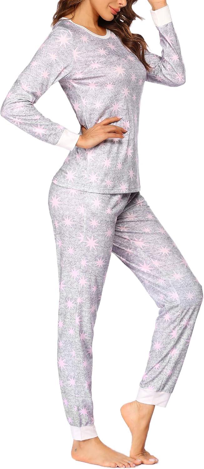 imageEkouaer Womens Pajamas Sets Long Sleeve Tops with Jogger Pants Soft Pjs Lounge Set Outfits with PocketsLight Grey Pink Star