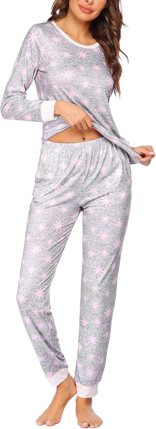 imageEkouaer Womens Pajamas Sets Long Sleeve Tops with Jogger Pants Soft Pjs Lounge Set Outfits with PocketsLight Grey Pink Star