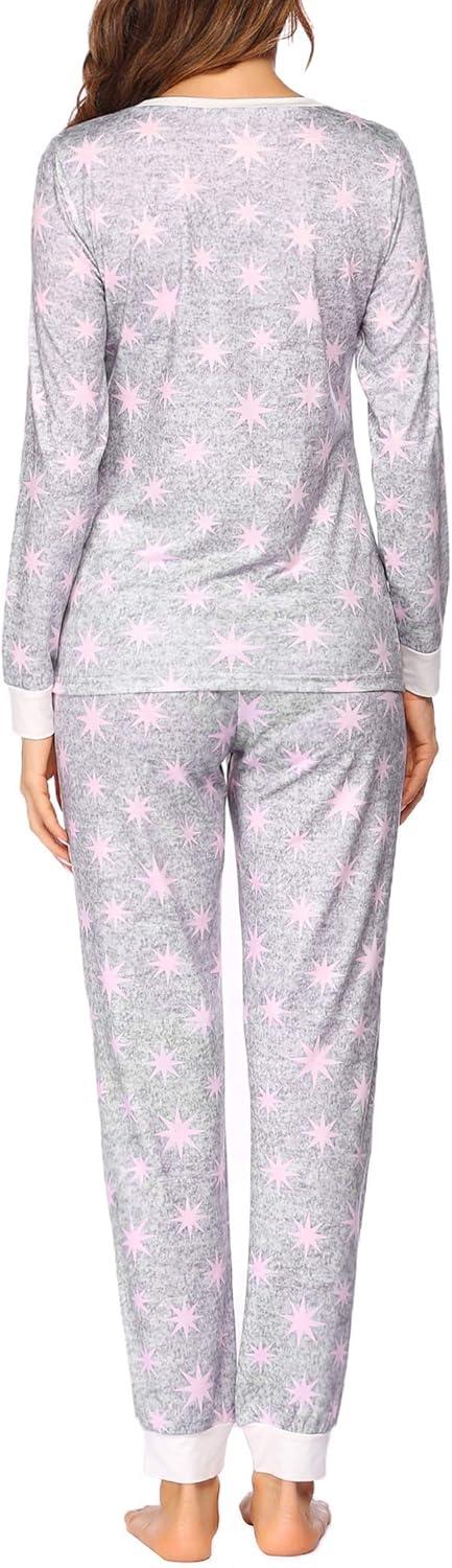 imageEkouaer Womens Pajamas Sets Long Sleeve Tops with Jogger Pants Soft Pjs Lounge Set Outfits with PocketsLight Grey Pink Star