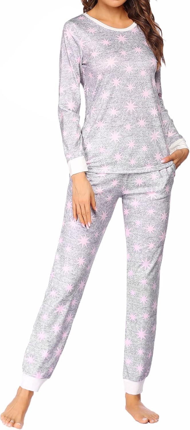 imageEkouaer Womens Pajamas Sets Long Sleeve Tops with Jogger Pants Soft Pjs Lounge Set Outfits with PocketsLight Grey Pink Star