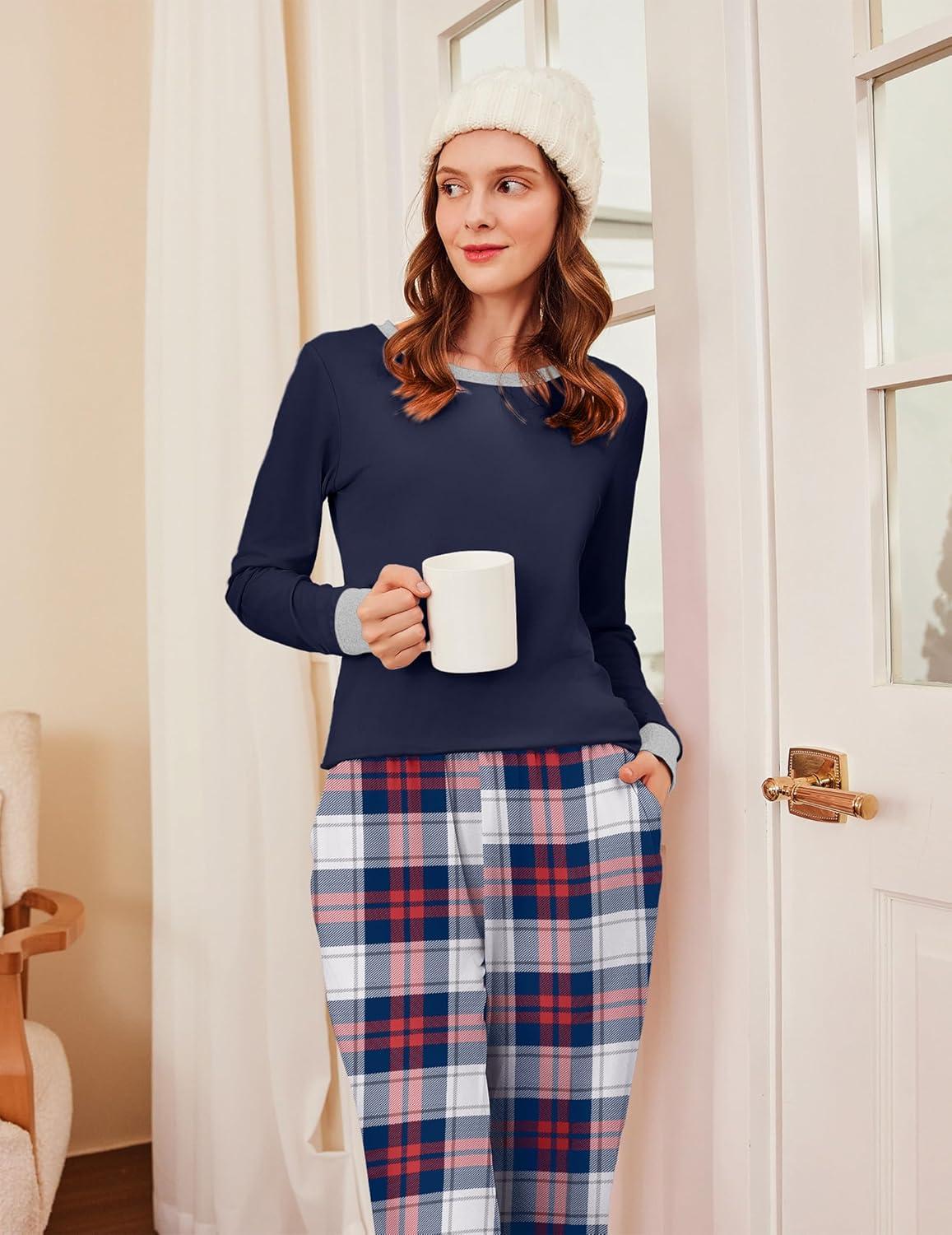 imageEkouaer Womens Pajamas Sets Long Sleeve Tops with Jogger Pants Soft Pjs Lounge Set Outfits with PocketsNavy Blue Plaid