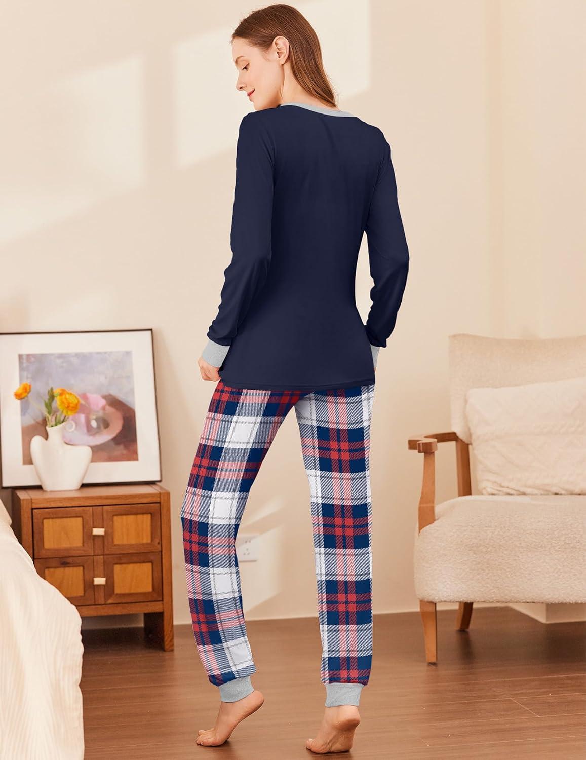 imageEkouaer Womens Pajamas Sets Long Sleeve Tops with Jogger Pants Soft Pjs Lounge Set Outfits with PocketsNavy Blue Plaid