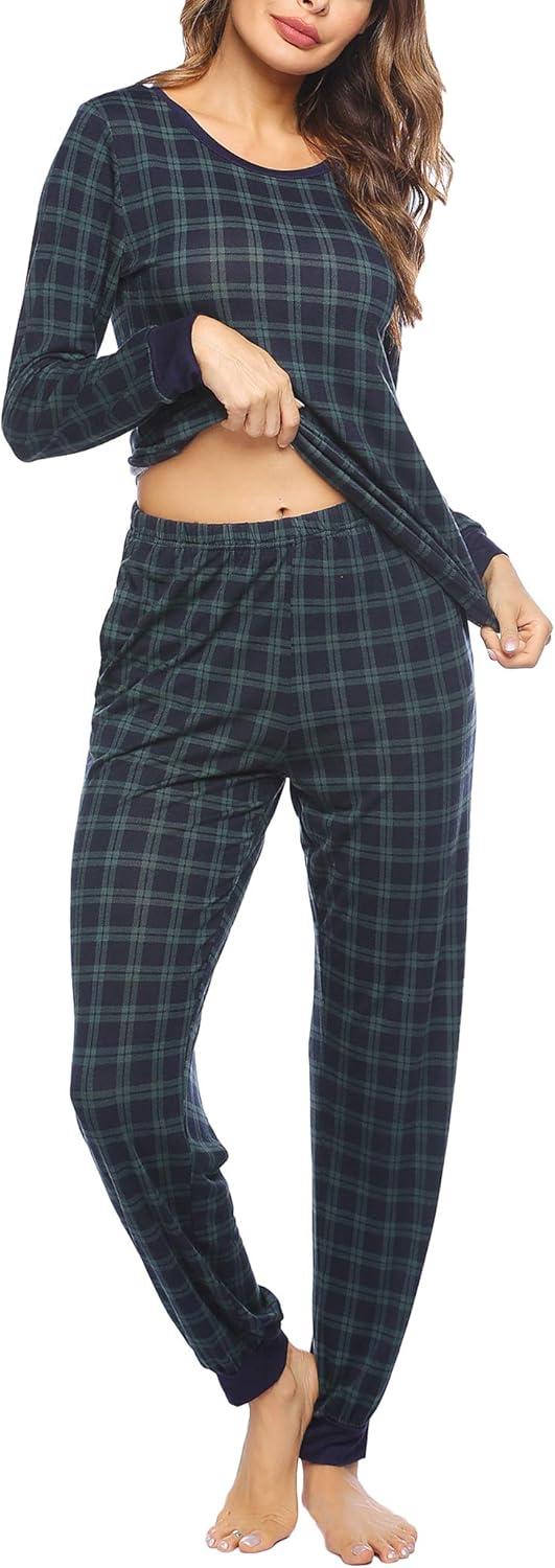 imageEkouaer Womens Pajamas Sets Long Sleeve Tops with Jogger Pants Soft Pjs Lounge Set Outfits with PocketsNavygreen Plaid