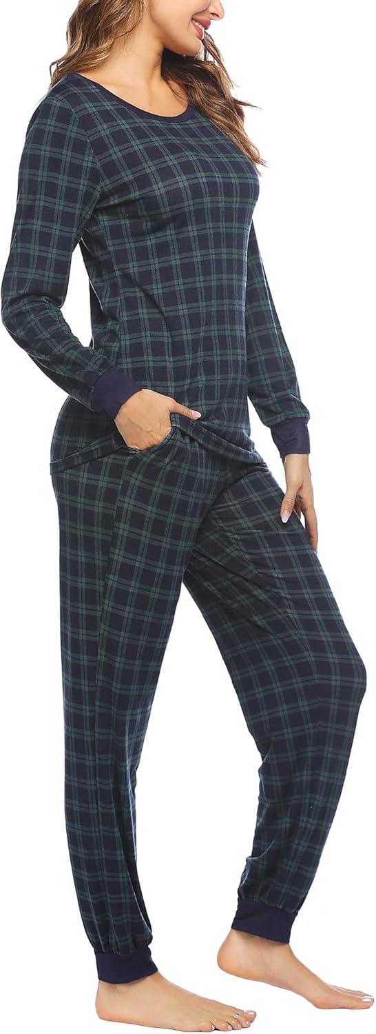 imageEkouaer Womens Pajamas Sets Long Sleeve Tops with Jogger Pants Soft Pjs Lounge Set Outfits with PocketsNavygreen Plaid