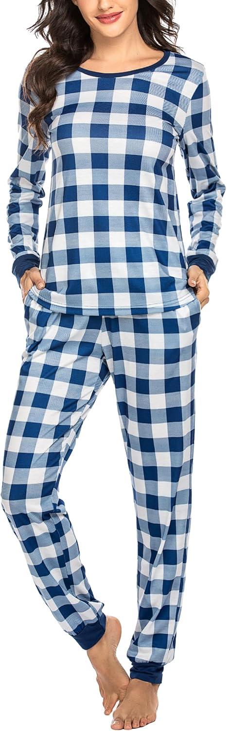 imageEkouaer Womens Pajamas Sets Long Sleeve Tops with Jogger Pants Soft Pjs Lounge Set Outfits with PocketsPattern5blue Plaid