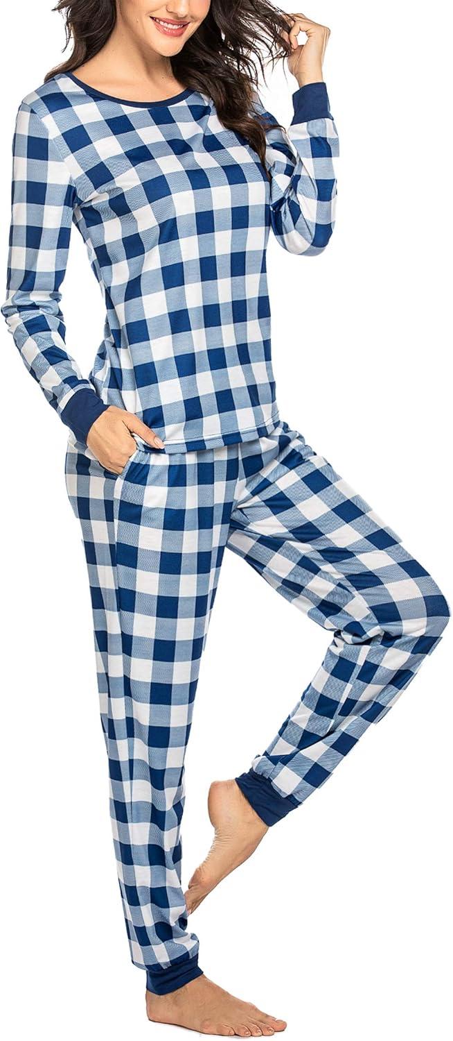 imageEkouaer Womens Pajamas Sets Long Sleeve Tops with Jogger Pants Soft Pjs Lounge Set Outfits with PocketsPattern5blue Plaid
