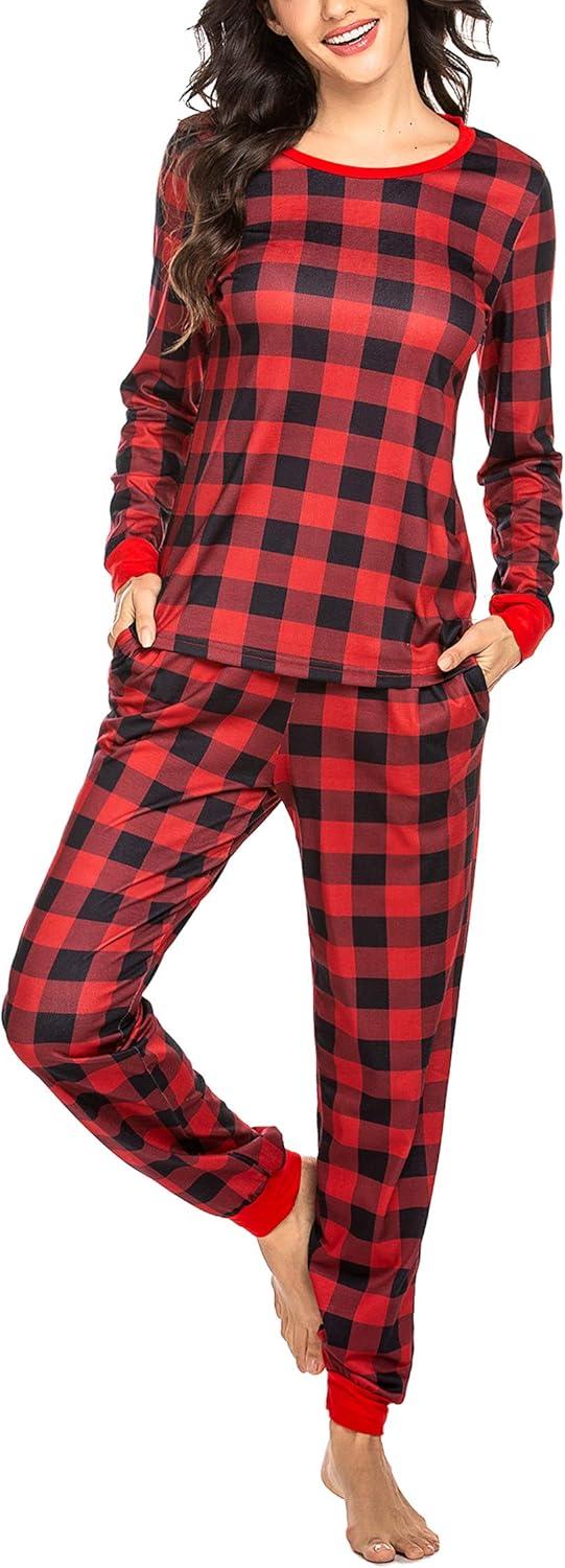 imageEkouaer Womens Pajamas Sets Long Sleeve Tops with Jogger Pants Soft Pjs Lounge Set Outfits with PocketsRed Big Plaid
