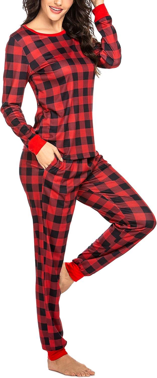 imageEkouaer Womens Pajamas Sets Long Sleeve Tops with Jogger Pants Soft Pjs Lounge Set Outfits with PocketsRed Big Plaid