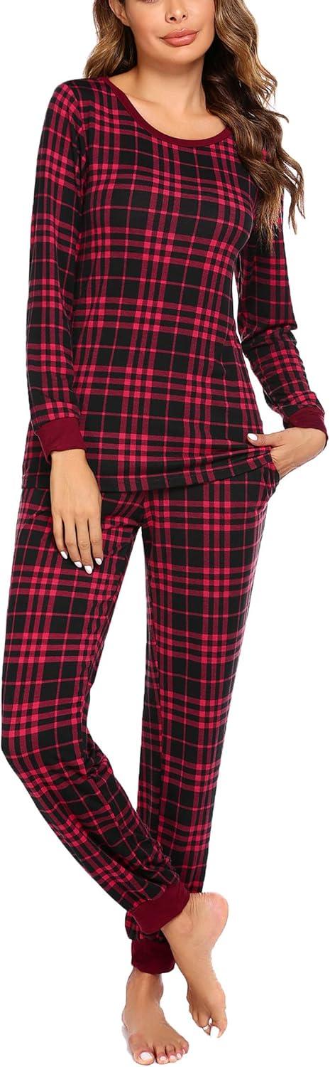 imageEkouaer Womens Pajamas Sets Long Sleeve Tops with Jogger Pants Soft Pjs Lounge Set Outfits with PocketsRed Black Plaid