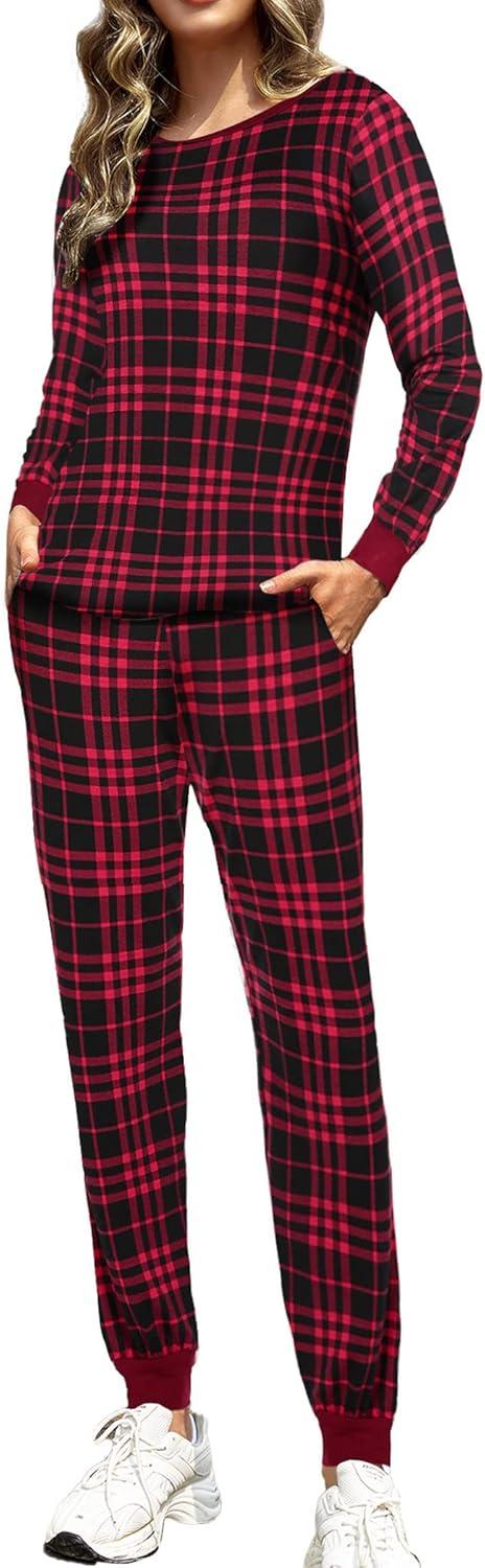 imageEkouaer Womens Pajamas Sets Long Sleeve Tops with Jogger Pants Soft Pjs Lounge Set Outfits with PocketsRed Black Plaid
