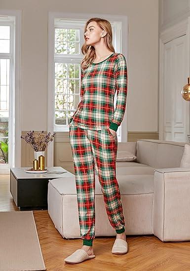 imageEkouaer Womens Pajamas Sets Long Sleeve Tops with Jogger Pants Soft Pjs Lounge Set Outfits with PocketsRed Green Plaid