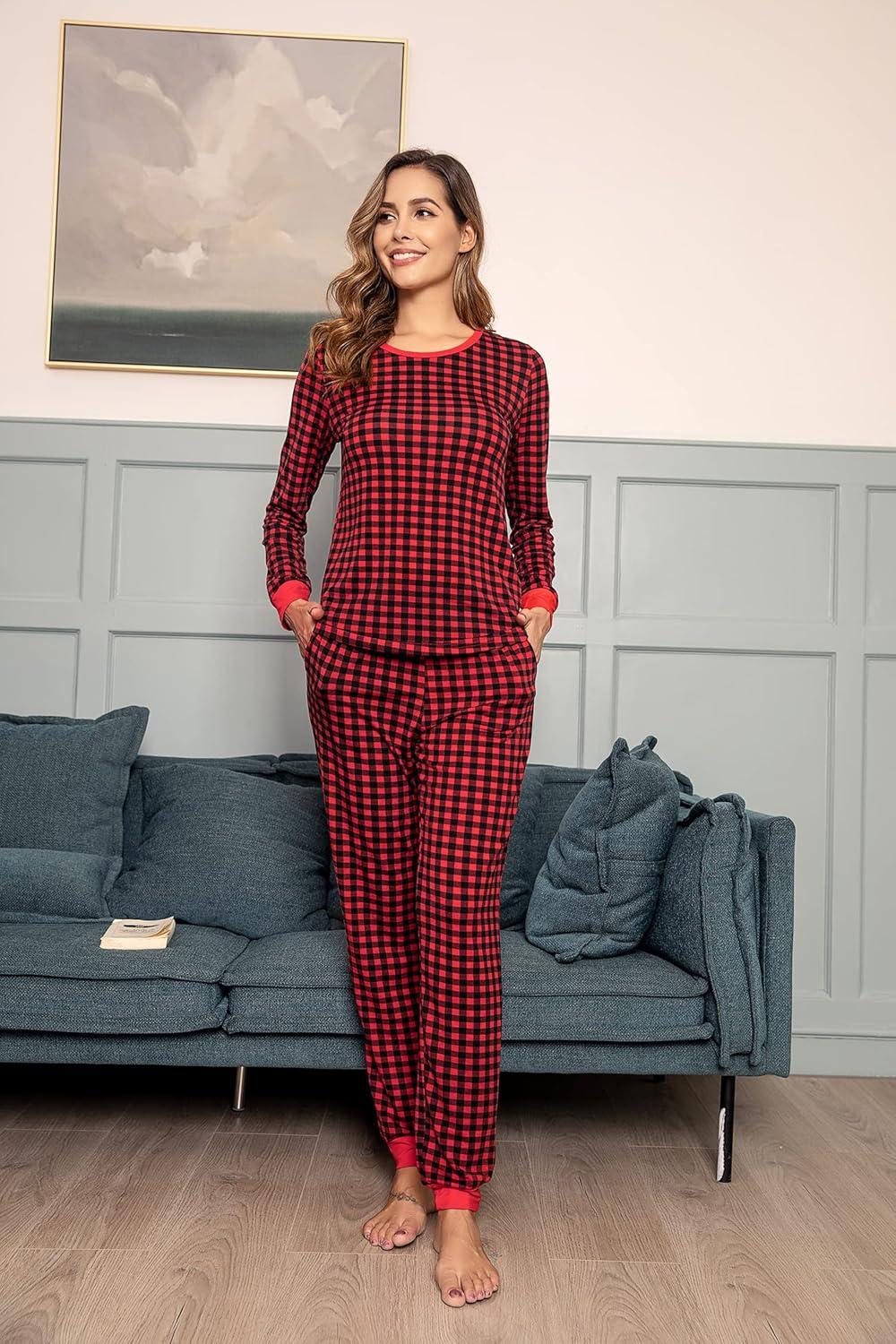imageEkouaer Womens Pajamas Sets Long Sleeve Tops with Jogger Pants Soft Pjs Lounge Set Outfits with PocketsRed Plaid
