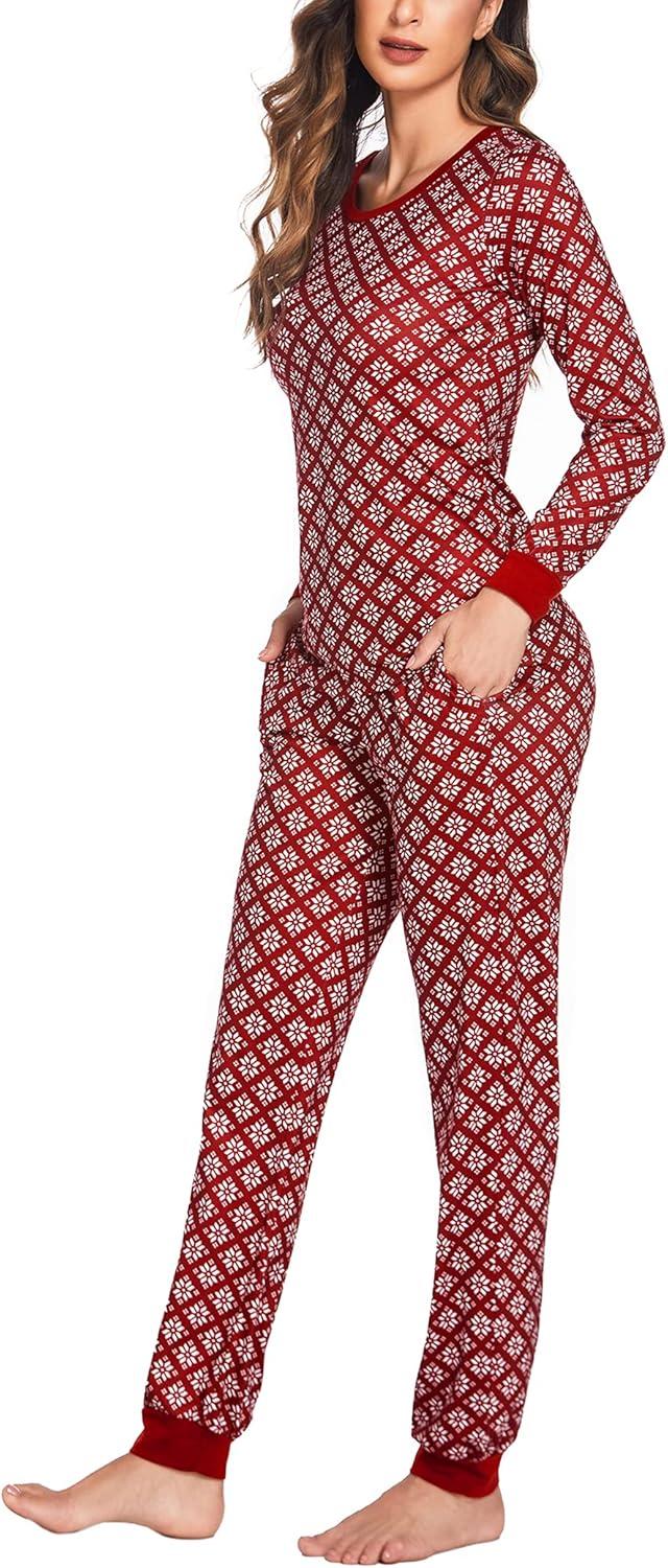 imageEkouaer Womens Pajamas Sets Long Sleeve Tops with Jogger Pants Soft Pjs Lounge Set Outfits with PocketsSnowflake