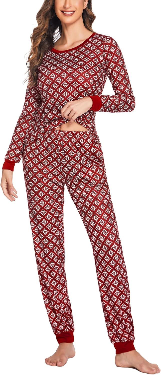imageEkouaer Womens Pajamas Sets Long Sleeve Tops with Jogger Pants Soft Pjs Lounge Set Outfits with PocketsSnowflake