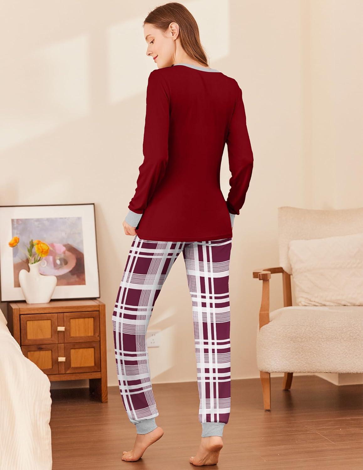 imageEkouaer Womens Pajamas Sets Long Sleeve Tops with Jogger Pants Soft Pjs Lounge Set Outfits with PocketsWine Red Plaid