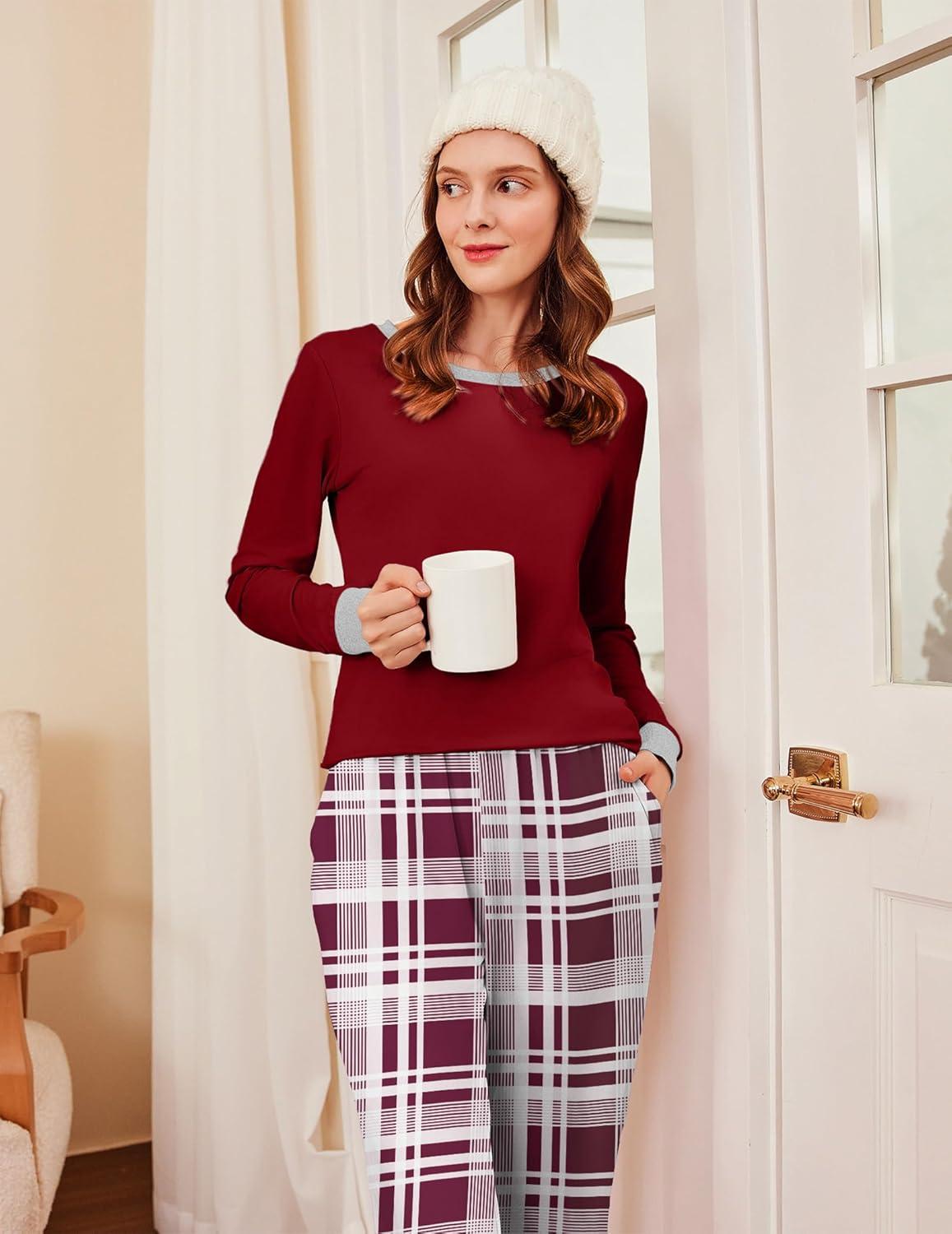 imageEkouaer Womens Pajamas Sets Long Sleeve Tops with Jogger Pants Soft Pjs Lounge Set Outfits with PocketsWine Red Plaid