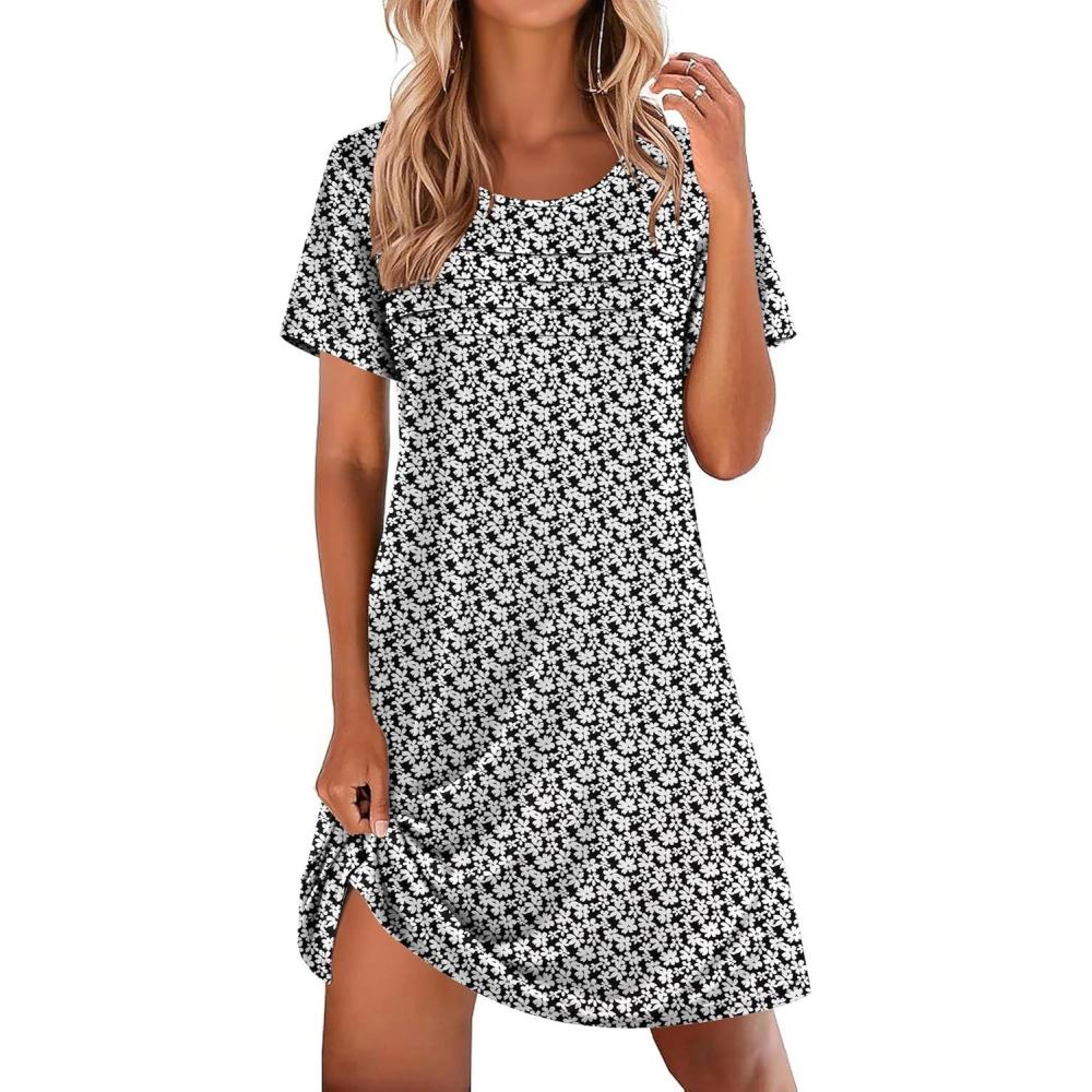 imageEkouaer Cotton Nightgowns for Women Short Sleeve Sleep Shirts Pleated Night Shirts Soft Crew Neck Night GownBlack Floral