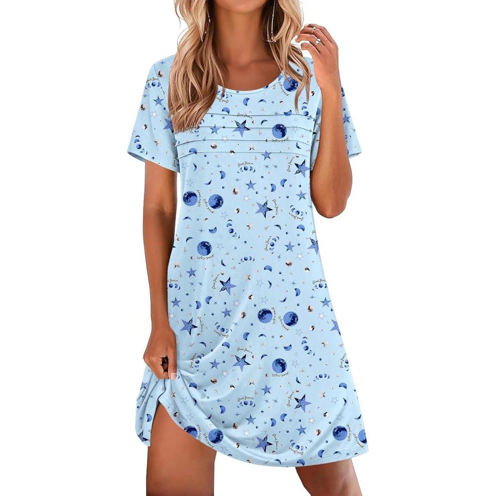 imageEkouaer Cotton Nightgowns for Women Short Sleeve Sleep Shirts Pleated Night Shirts Soft Crew Neck Night GownBlue Star Moon