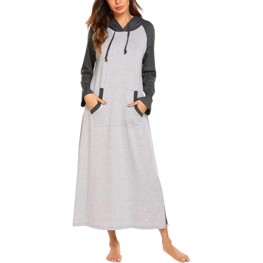 imageEkouaer Nightgowns for Women Cotton Nightgown Long Sleeve Hooded Night Gown Contrast Color Full Length Loungewear with PocketAgrey