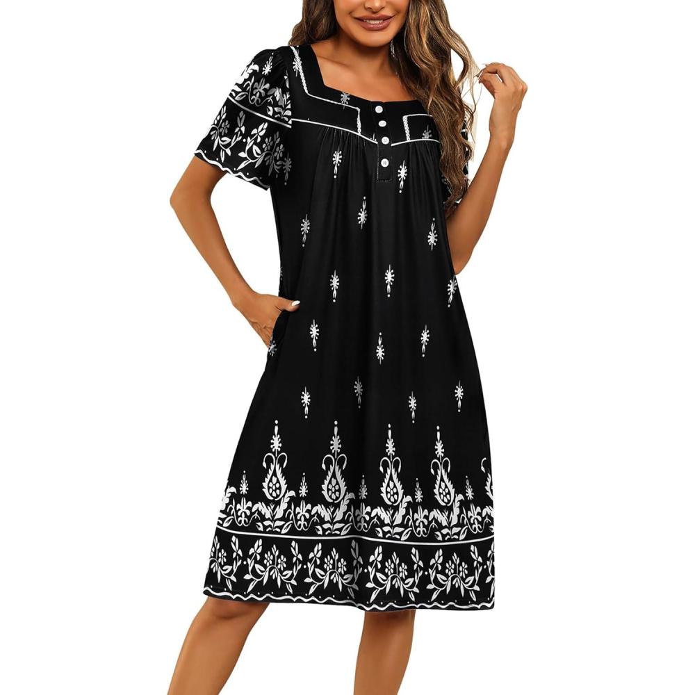 imageEkouaer Womens House Dress with Pockets Moomoo Dresses Short Sleeve Mumu Nightgown Lounge Dress Button Down SleepwearBlack Boho