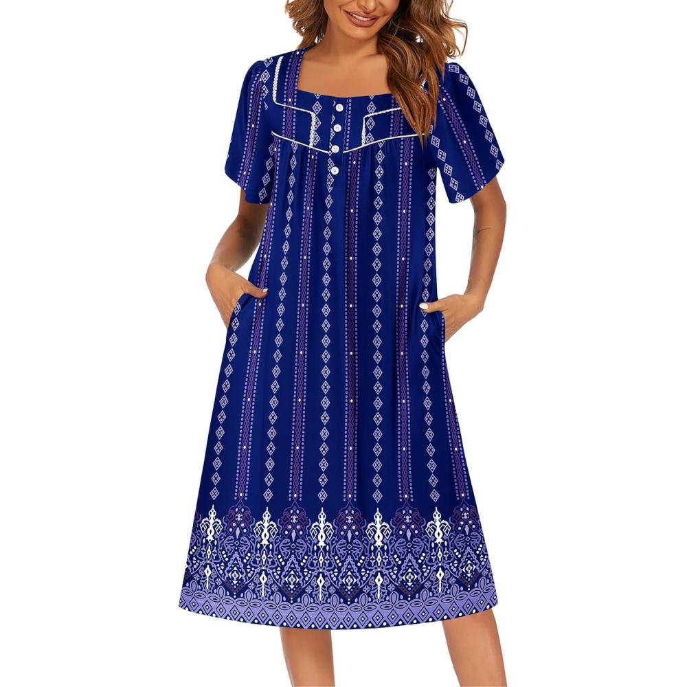 imageEkouaer Womens House Dress with Pockets Moomoo Dresses Short Sleeve Mumu Nightgown Lounge Dress Button Down SleepwearBlue Boho