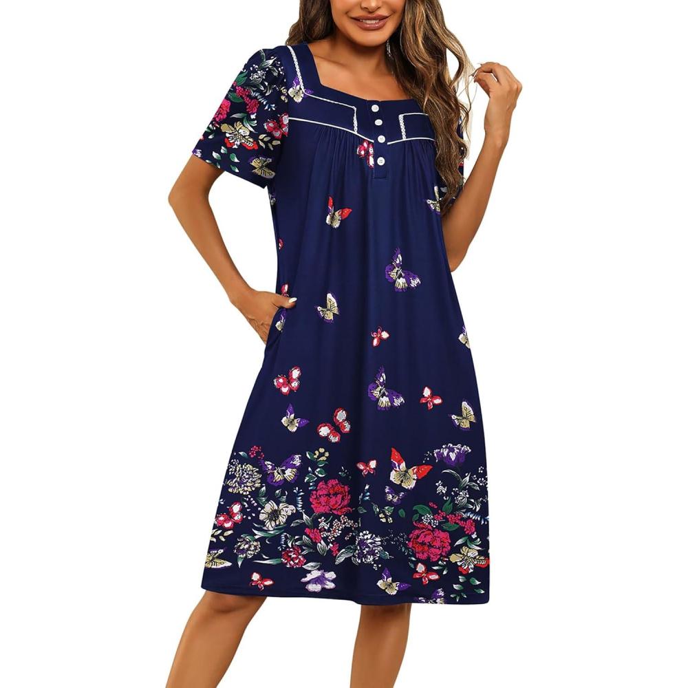 imageEkouaer Womens House Dress with Pockets Moomoo Dresses Short Sleeve Mumu Nightgown Lounge Dress Button Down SleepwearColorful Butterfly