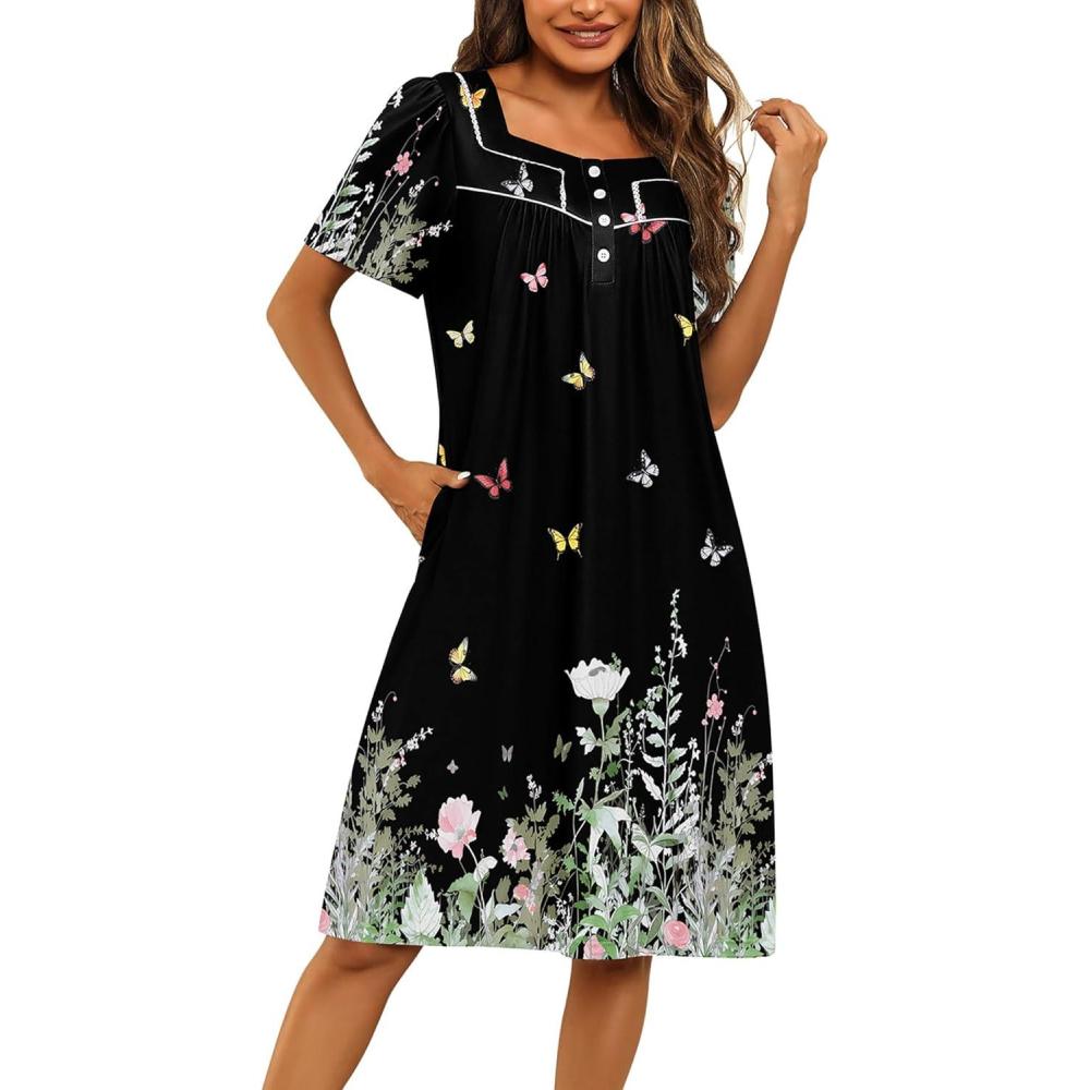 imageEkouaer Womens House Dress with Pockets Moomoo Dresses Short Sleeve Mumu Nightgown Lounge Dress Button Down SleepwearFloral Butterfly