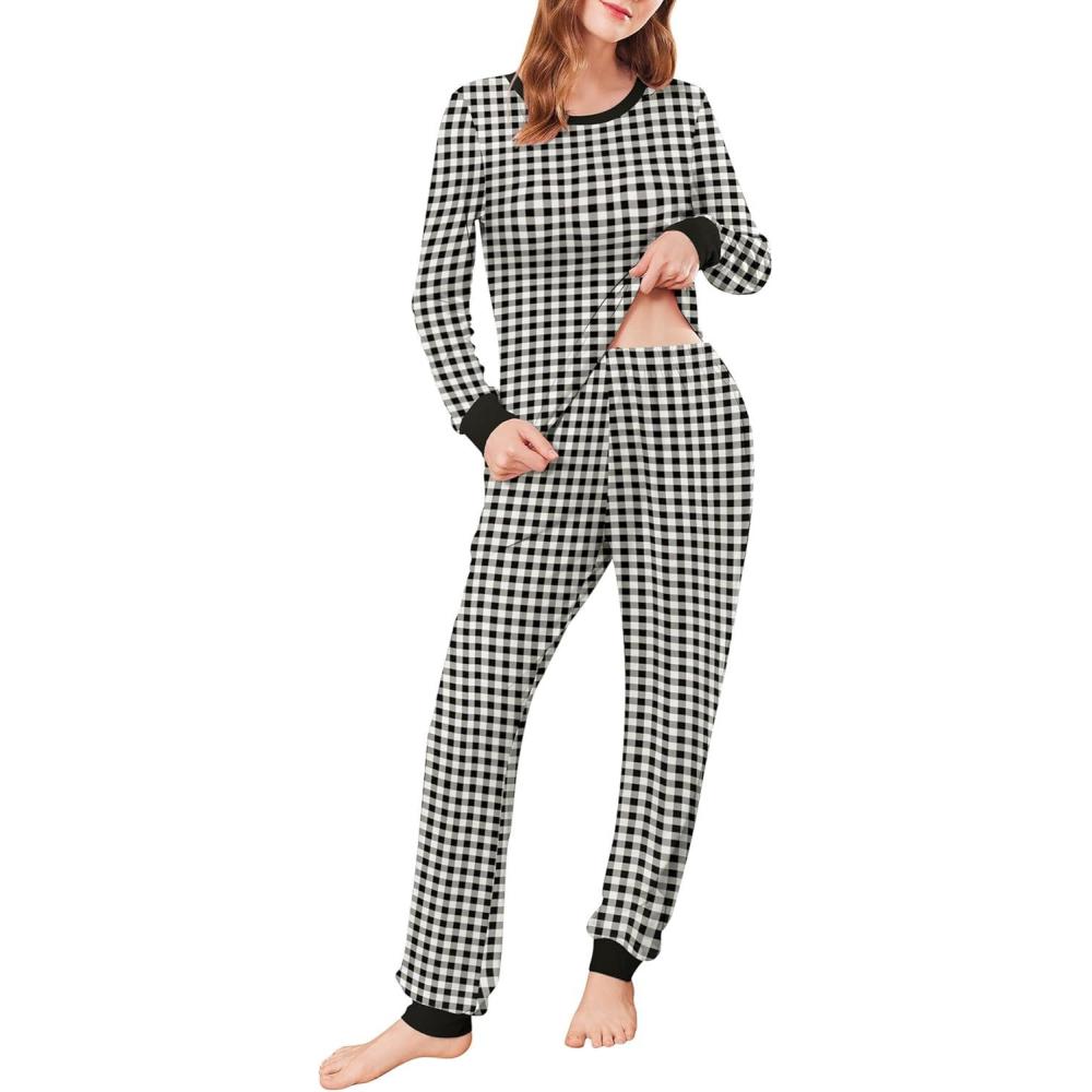 imageEkouaer Womens Pajamas Sets Long Sleeve Tops with Jogger Pants Soft Pjs Lounge Set Outfits with PocketsBlack Plaid