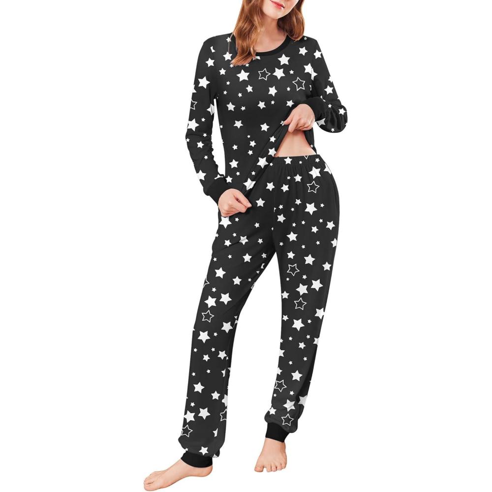 imageEkouaer Womens Pajamas Sets Long Sleeve Tops with Jogger Pants Soft Pjs Lounge Set Outfits with PocketsBlack Star