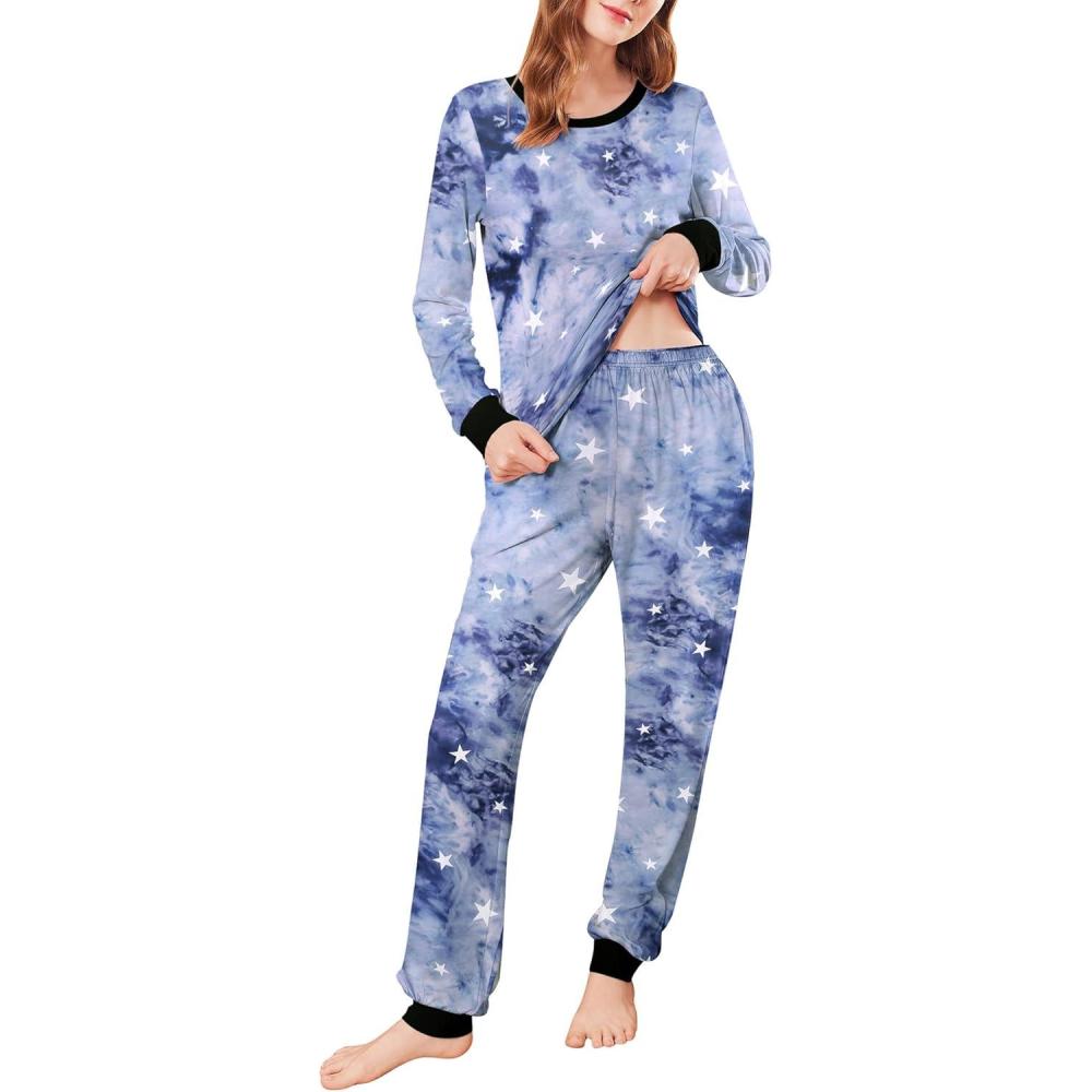 imageEkouaer Womens Pajamas Sets Long Sleeve Tops with Jogger Pants Soft Pjs Lounge Set Outfits with PocketsBlue Star