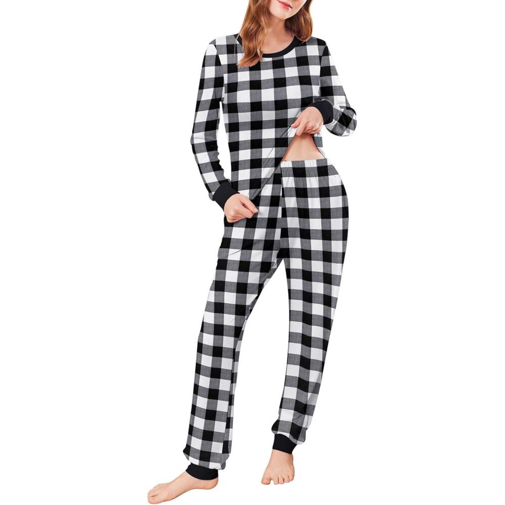 imageEkouaer Womens Pajamas Sets Long Sleeve Tops with Jogger Pants Soft Pjs Lounge Set Outfits with PocketsGrey Big Plaid