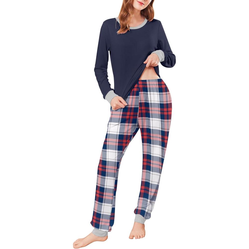 imageEkouaer Womens Pajamas Sets Long Sleeve Tops with Jogger Pants Soft Pjs Lounge Set Outfits with PocketsNavy Blue Plaid