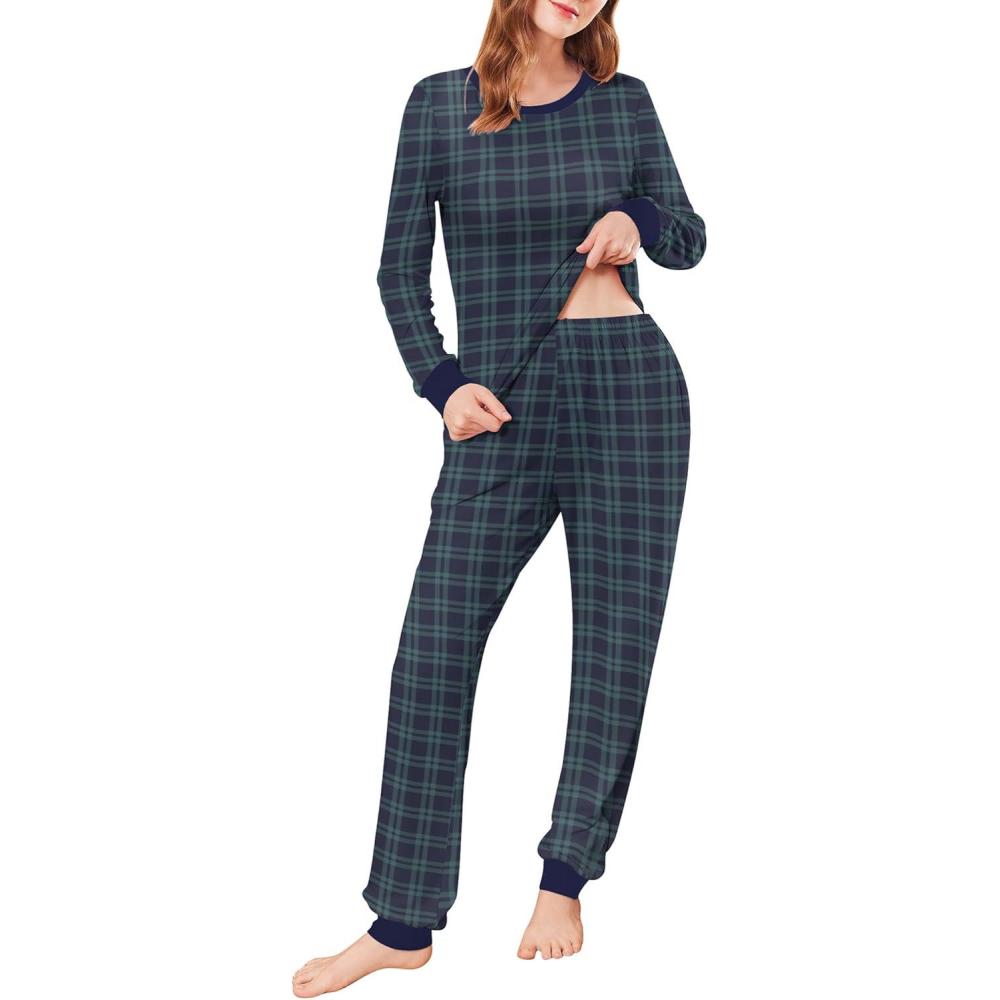 imageEkouaer Womens Pajamas Sets Long Sleeve Tops with Jogger Pants Soft Pjs Lounge Set Outfits with PocketsNavygreen Plaid
