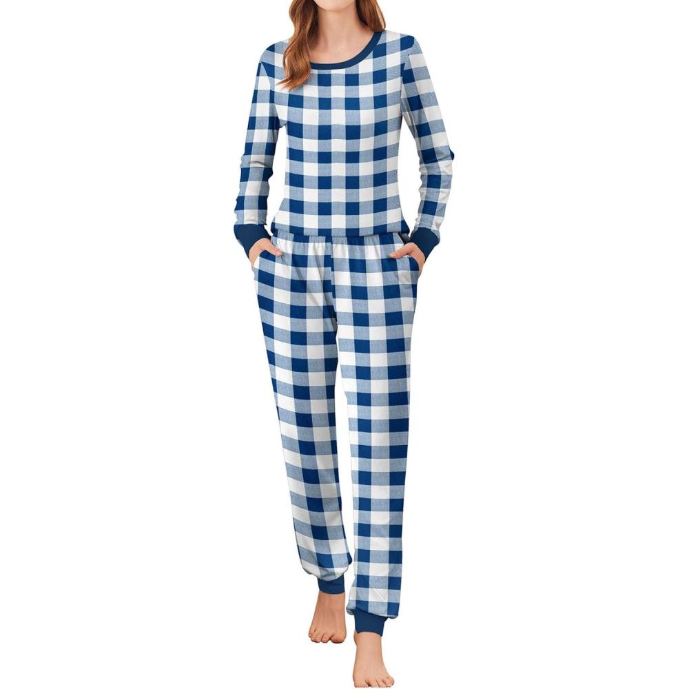 imageEkouaer Womens Pajamas Sets Long Sleeve Tops with Jogger Pants Soft Pjs Lounge Set Outfits with PocketsPattern5blue Plaid