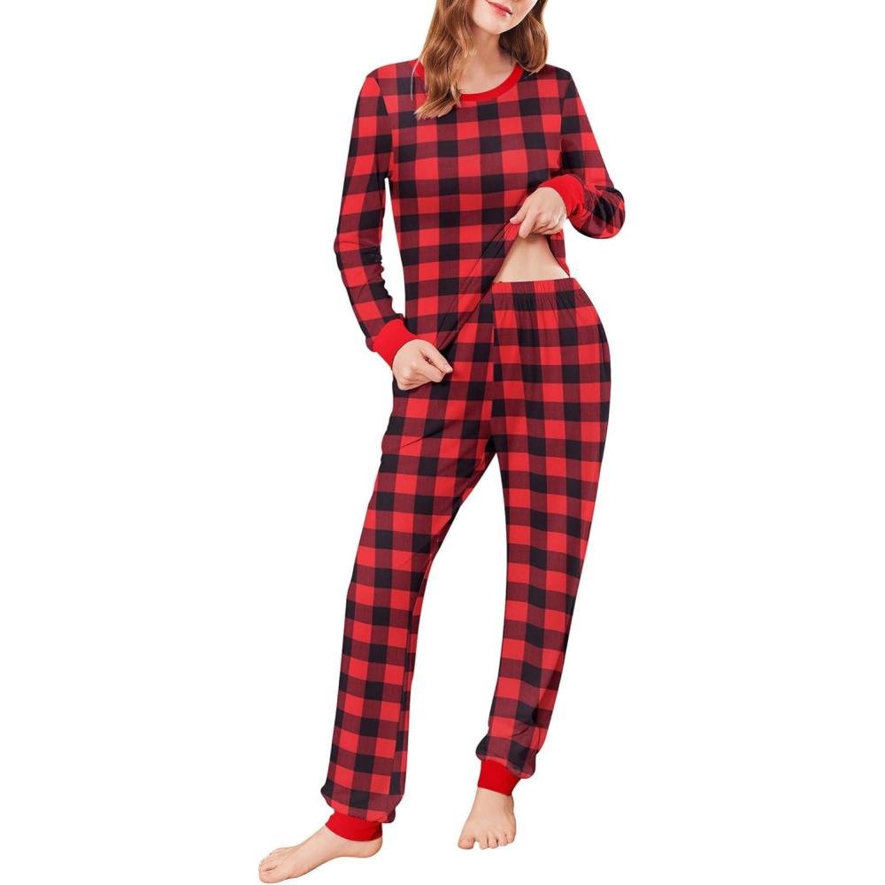 imageEkouaer Womens Pajamas Sets Long Sleeve Tops with Jogger Pants Soft Pjs Lounge Set Outfits with PocketsRed Big Plaid