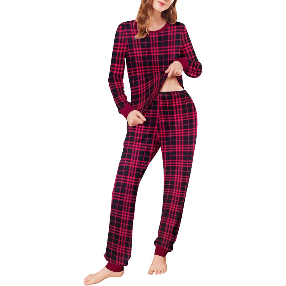 imageEkouaer Womens Pajamas Sets Long Sleeve Tops with Jogger Pants Soft Pjs Lounge Set Outfits with PocketsRed Black Plaid