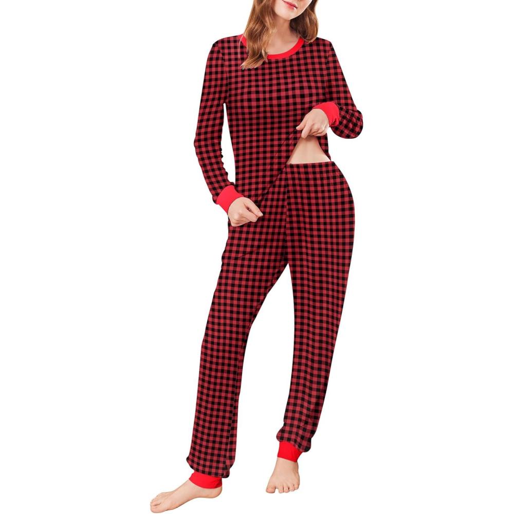 imageEkouaer Womens Pajamas Sets Long Sleeve Tops with Jogger Pants Soft Pjs Lounge Set Outfits with PocketsRed Plaid