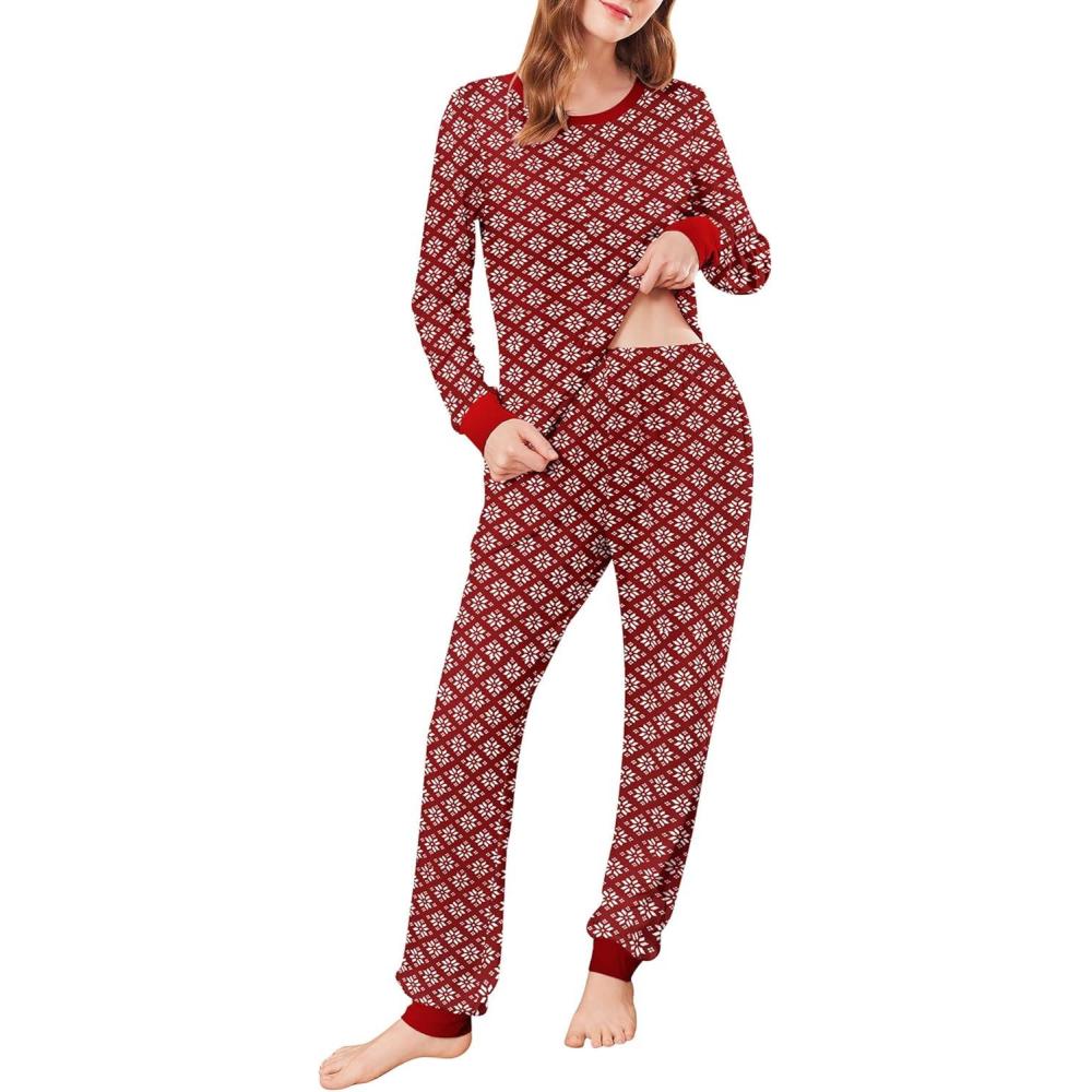 imageEkouaer Womens Pajamas Sets Long Sleeve Tops with Jogger Pants Soft Pjs Lounge Set Outfits with PocketsSnowflake