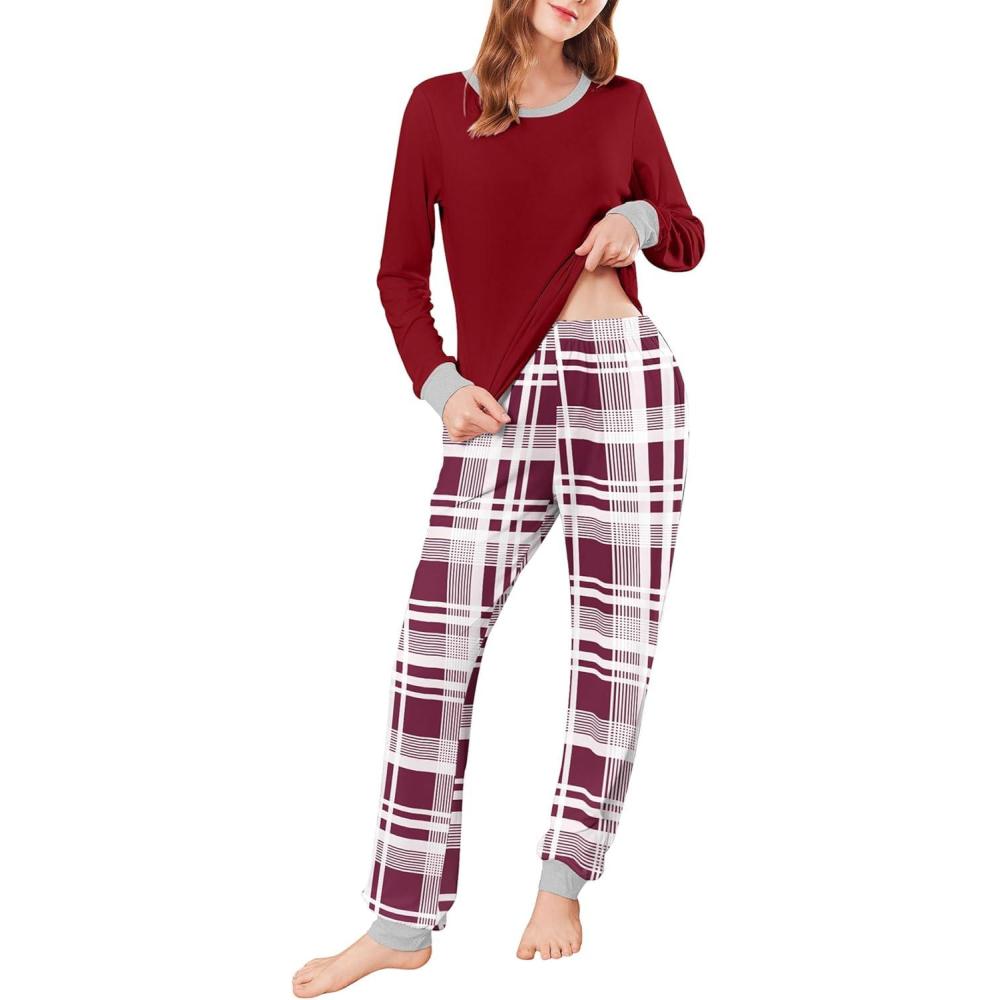 imageEkouaer Womens Pajamas Sets Long Sleeve Tops with Jogger Pants Soft Pjs Lounge Set Outfits with PocketsWine Red Plaid