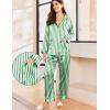 imageEkouaer Silk Pajamas for Women Classic Button Down Satin Pajama Sets Long Sleeve Lounge SetGreen White Stripe