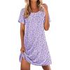 imageEkouaer Cotton Nightgowns for Women Short Sleeve Sleep Shirts Pleated Night Shirts Soft Crew Neck Night GownPurple Flowers