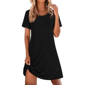 imageEkouaer Cotton Nightgowns for Women Short Sleeve Sleep Shirts Pleated Night Shirts Soft Crew Neck Night GownBlack