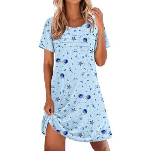 imageEkouaer Cotton Nightgowns for Women Short Sleeve Sleep Shirts Pleated Night Shirts Soft Crew Neck Night GownBlue Star Moon