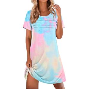 imageEkouaer Cotton Nightgowns for Women Short Sleeve Sleep Shirts Pleated Night Shirts Soft Crew Neck Night GownPink Tiedye